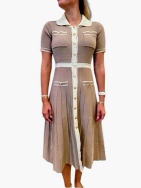 So Me~ Women’s Knit Midi Dress 
Taupe/Tan with Cream Trim
Sizes: Small, Med
New
